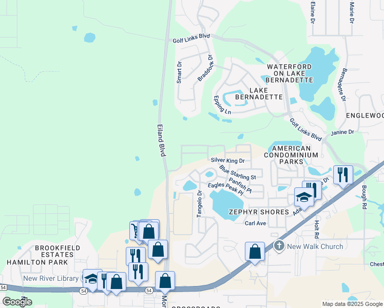 map of restaurants, bars, coffee shops, grocery stores, and more near Blue Starling Street in Zephyrhills