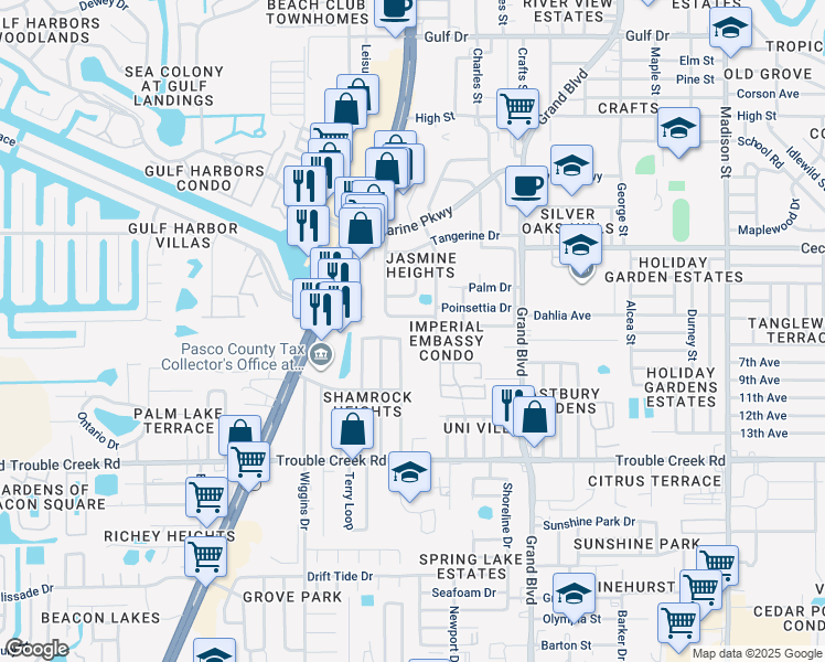 map of restaurants, bars, coffee shops, grocery stores, and more near 4748 Kennedy Drive in New Port Richey
