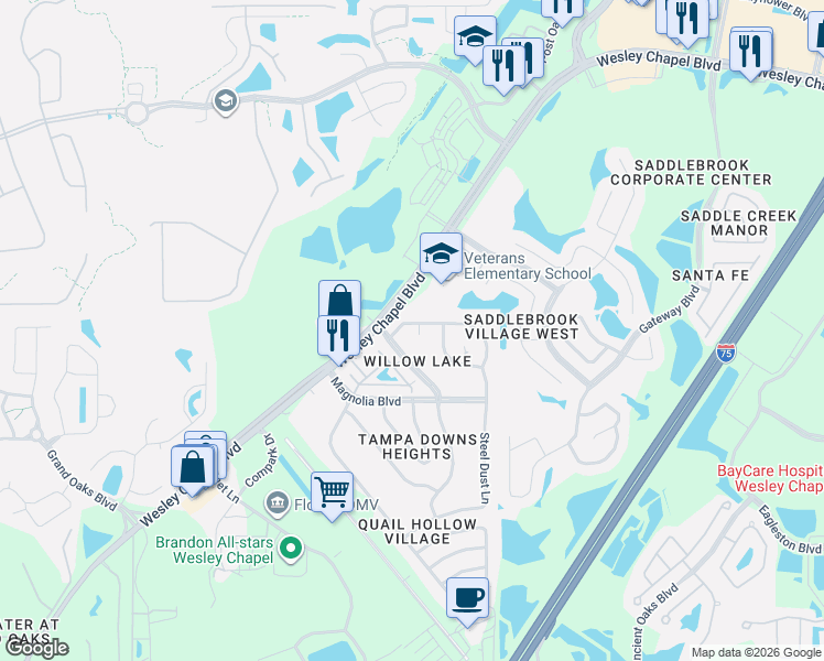 map of restaurants, bars, coffee shops, grocery stores, and more near 4923 Billy Direct Lane in Lutz