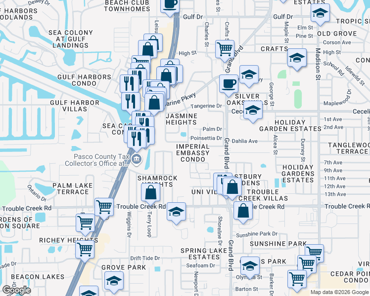 map of restaurants, bars, coffee shops, grocery stores, and more near 4747 Azalea Drive in New Port Richey