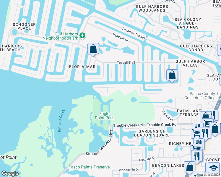map of restaurants, bars, coffee shops, grocery stores, and more near 4024 Rudder Way in Port Richey