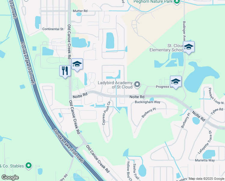 map of restaurants, bars, coffee shops, grocery stores, and more near 3220 Villa Way Circle in St. Cloud
