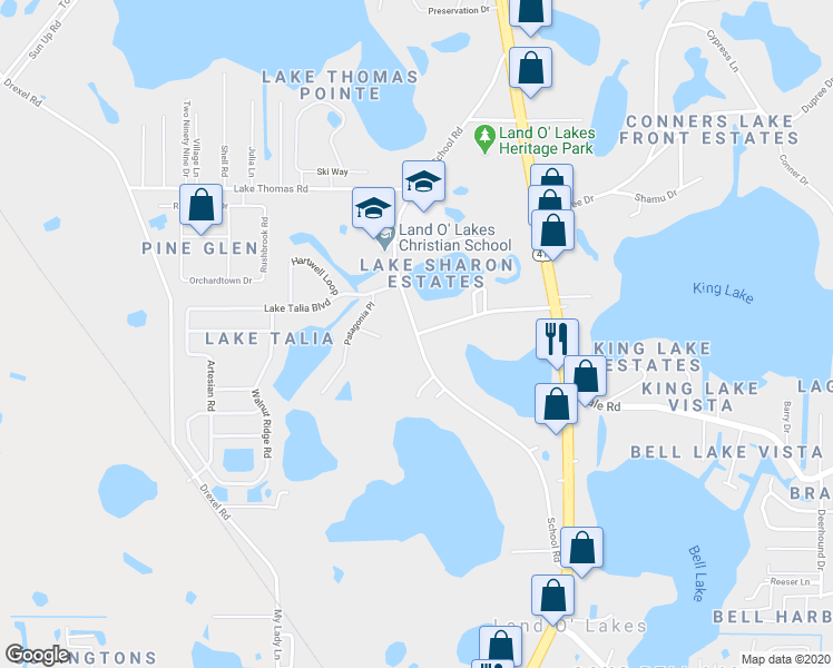 map of restaurants, bars, coffee shops, grocery stores, and more near 4898 School Road in Land O' Lakes