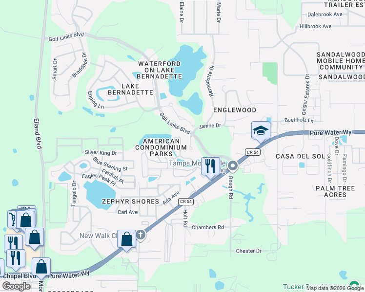 map of restaurants, bars, coffee shops, grocery stores, and more near 4978 Britni Way in Zephyrhills