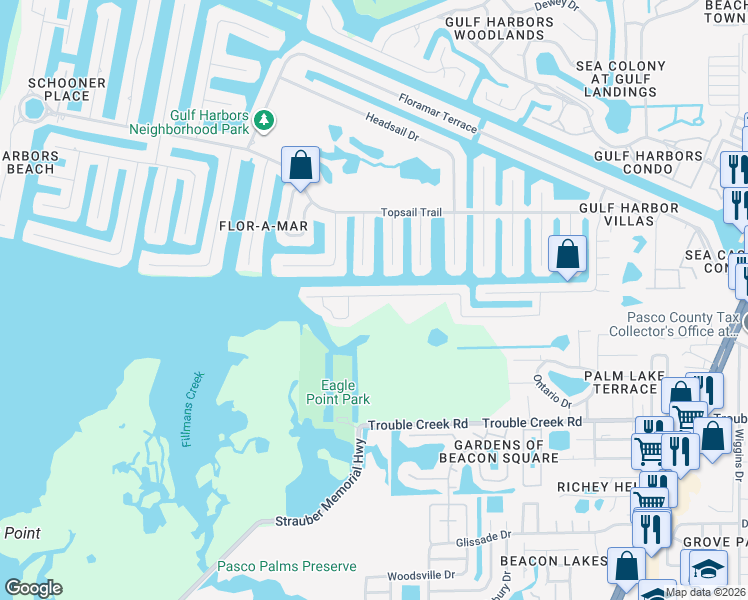 map of restaurants, bars, coffee shops, grocery stores, and more near 4024 Rudder Way in Port Richey