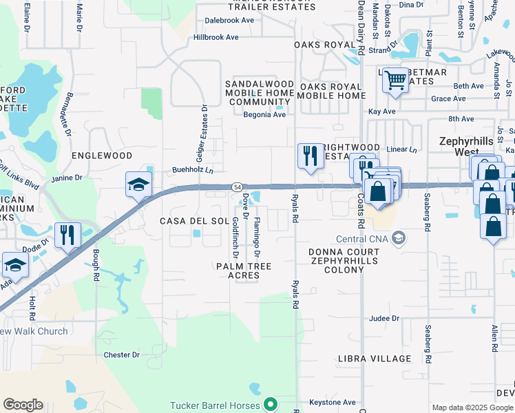 map of restaurants, bars, coffee shops, grocery stores, and more near 4998 Flamingo Drive in Zephyrhills