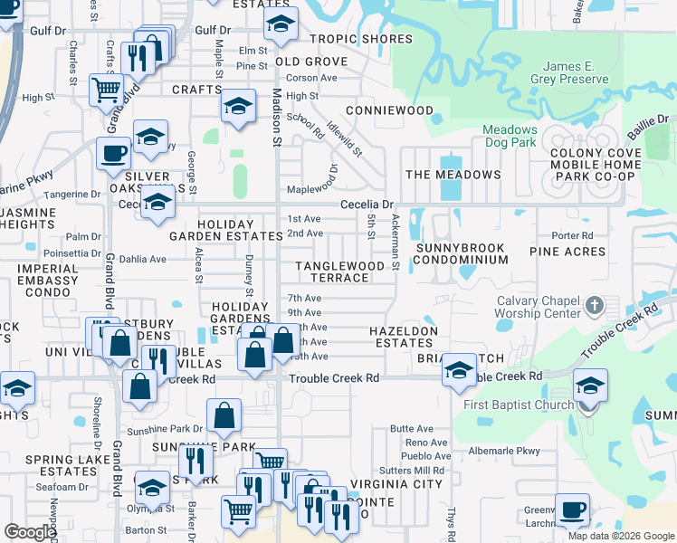 map of restaurants, bars, coffee shops, grocery stores, and more near 4749 Elmwood Street in New Port Richey
