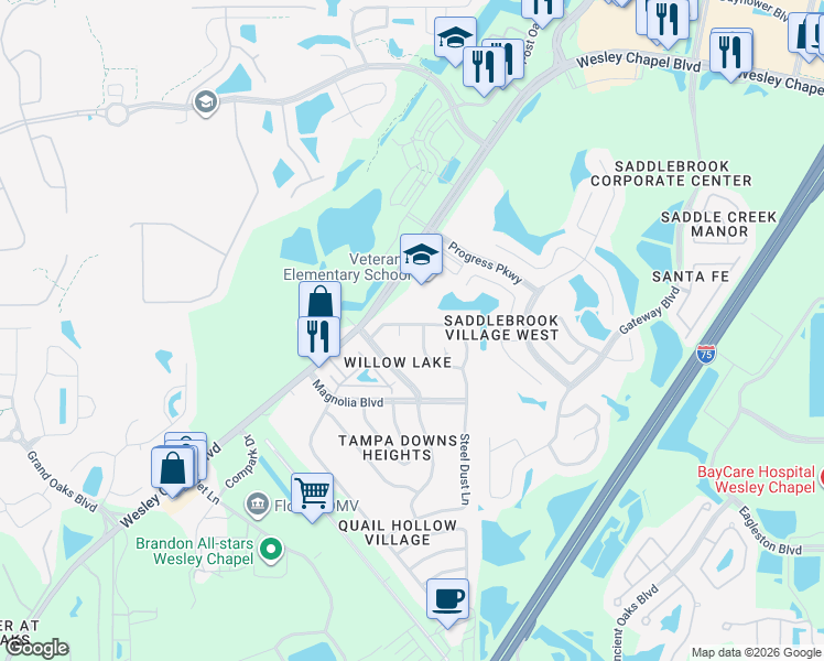 map of restaurants, bars, coffee shops, grocery stores, and more near 4941 Steel Dust Lane in Lutz