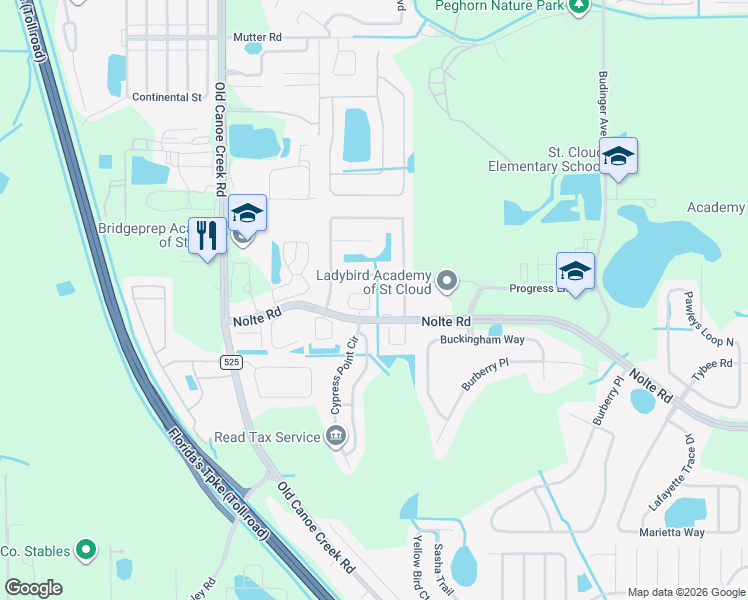 map of restaurants, bars, coffee shops, grocery stores, and more near 3279 Villa Way Circle in St. Cloud