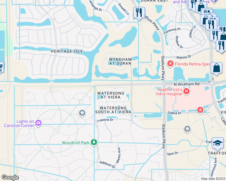 map of restaurants, bars, coffee shops, grocery stores, and more near 7300 Watersong Lane in Melbourne