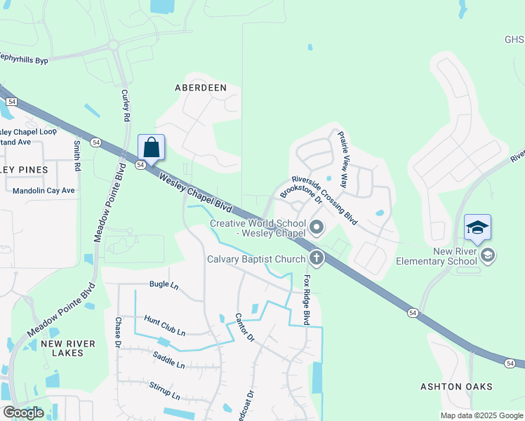 map of restaurants, bars, coffee shops, grocery stores, and more near 31911 Riverside Crossing Boulevard in Wesley Chapel