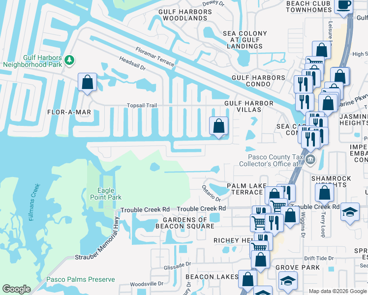 map of restaurants, bars, coffee shops, grocery stores, and more near 4401 Rudder Way in New Port Richey