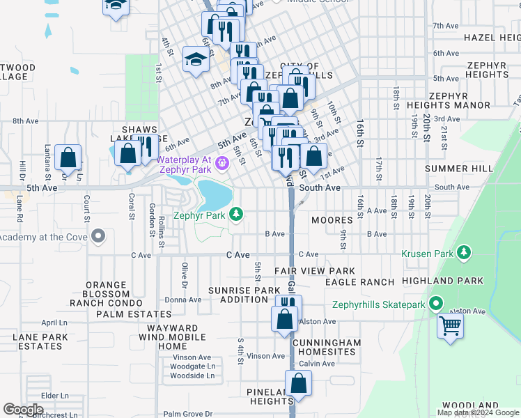 map of restaurants, bars, coffee shops, grocery stores, and more near 4846 5th Street in Zephyrhills