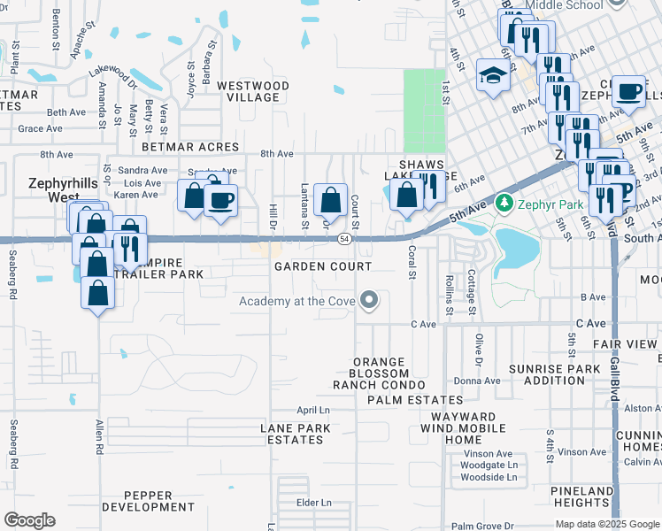 map of restaurants, bars, coffee shops, grocery stores, and more near 37634 Waverly Avenue in Zephyrhills