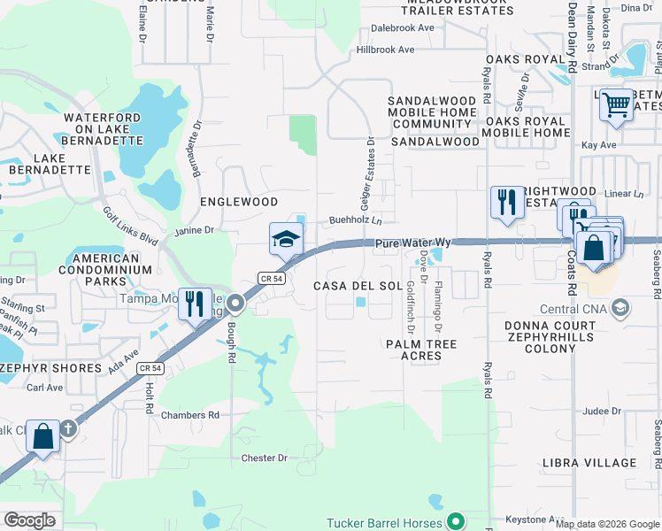 map of restaurants, bars, coffee shops, grocery stores, and more near 4903 Blanco Drive in Zephyrhills
