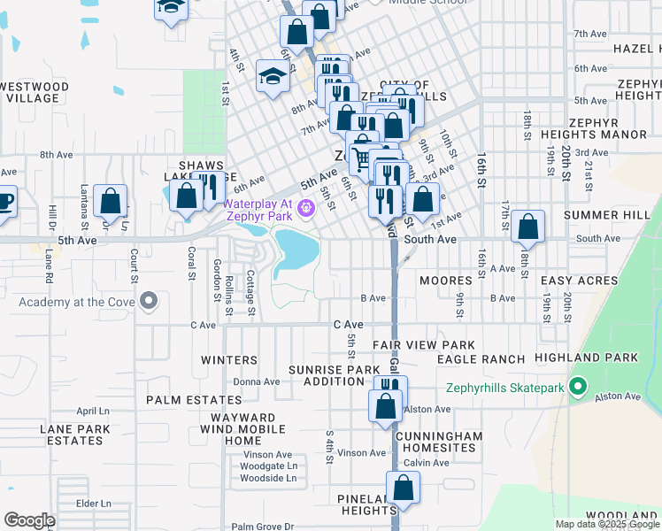 map of restaurants, bars, coffee shops, grocery stores, and more near 38309 A Avenue in Zephyrhills