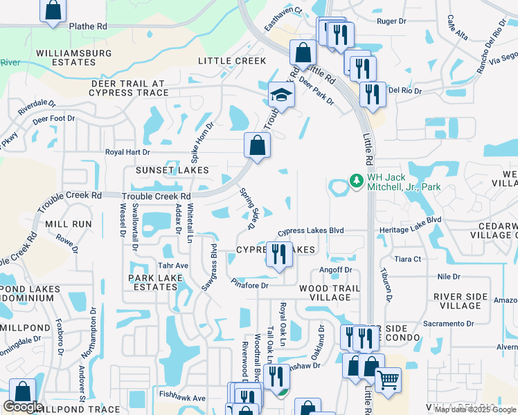map of restaurants, bars, coffee shops, grocery stores, and more near 4748 Spring Side Drive in New Port Richey