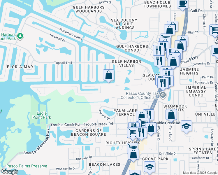map of restaurants, bars, coffee shops, grocery stores, and more near 4868 Shell Stream Boulevard in Port Richey