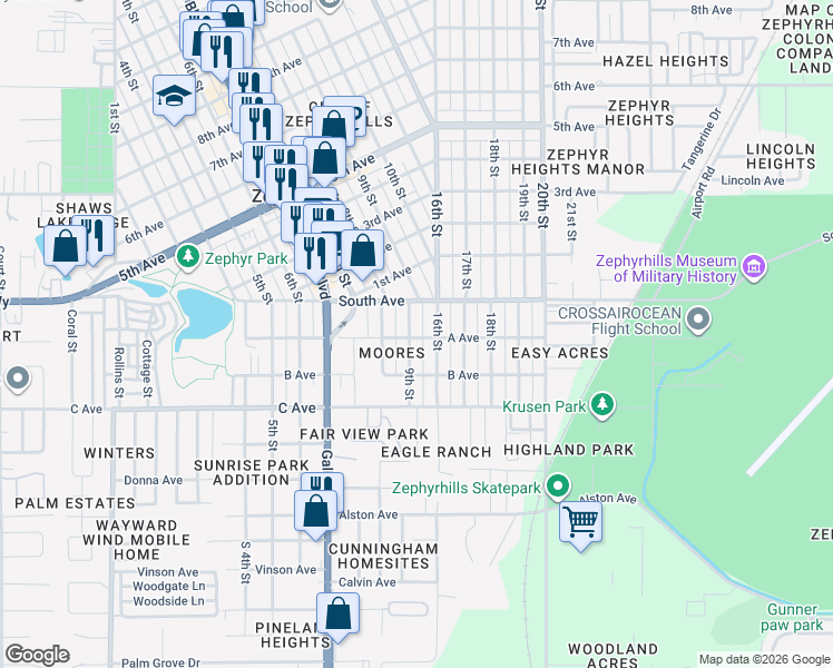 map of restaurants, bars, coffee shops, grocery stores, and more near 4912 9th Street in Zephyrhills