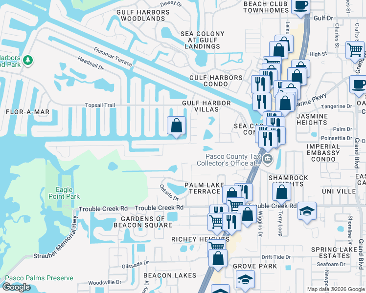 map of restaurants, bars, coffee shops, grocery stores, and more near 4868 Shell Stream Boulevard in Port Richey