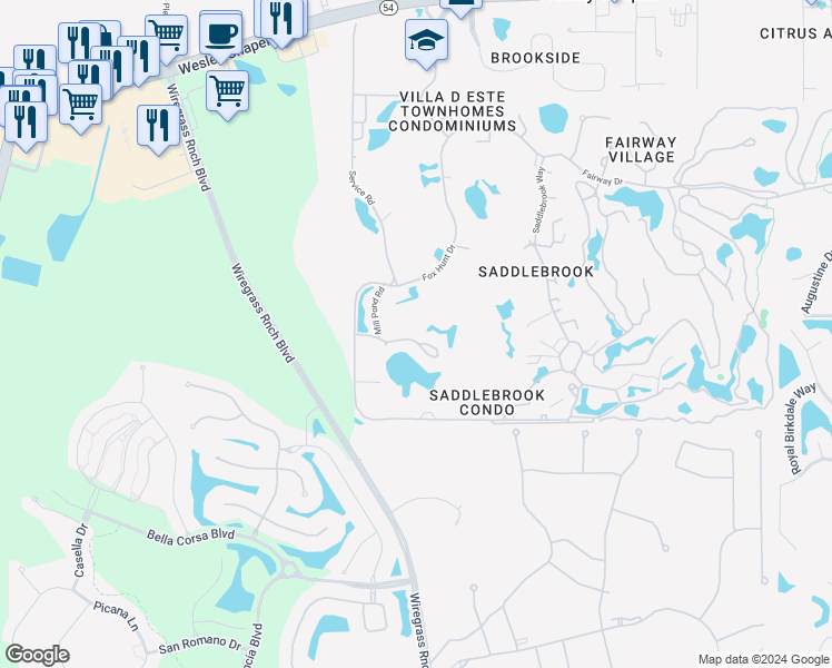 map of restaurants, bars, coffee shops, grocery stores, and more near 29129 Bay Hollow Drive in Zephyrhills