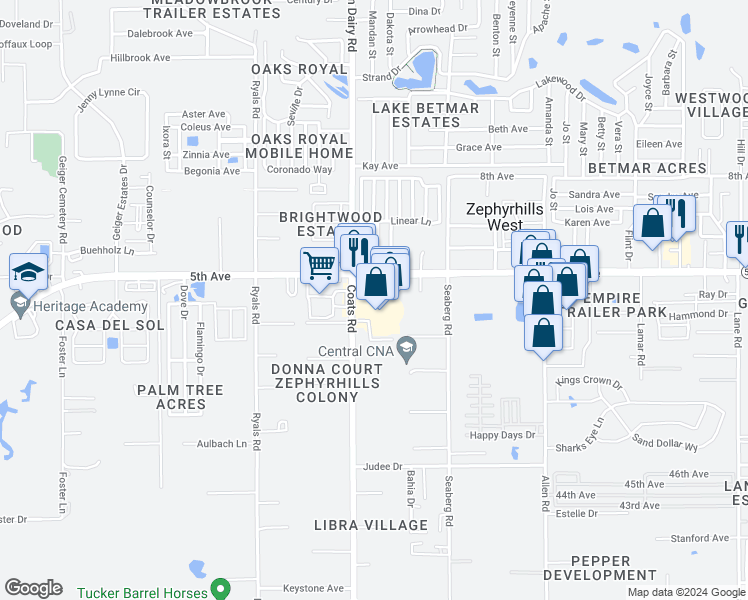 map of restaurants, bars, coffee shops, grocery stores, and more near 36610 Celebration Lane in Zephyrhills