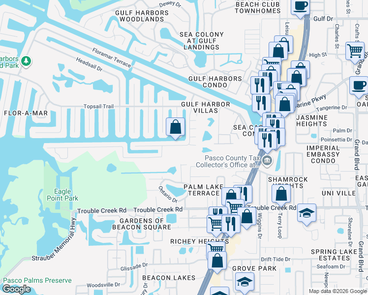 map of restaurants, bars, coffee shops, grocery stores, and more near 4868 Shell Stream Boulevard in Port Richey