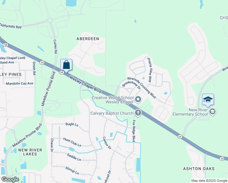 map of restaurants, bars, coffee shops, grocery stores, and more near 31911 Riverside Crossing Boulevard in Wesley Chapel