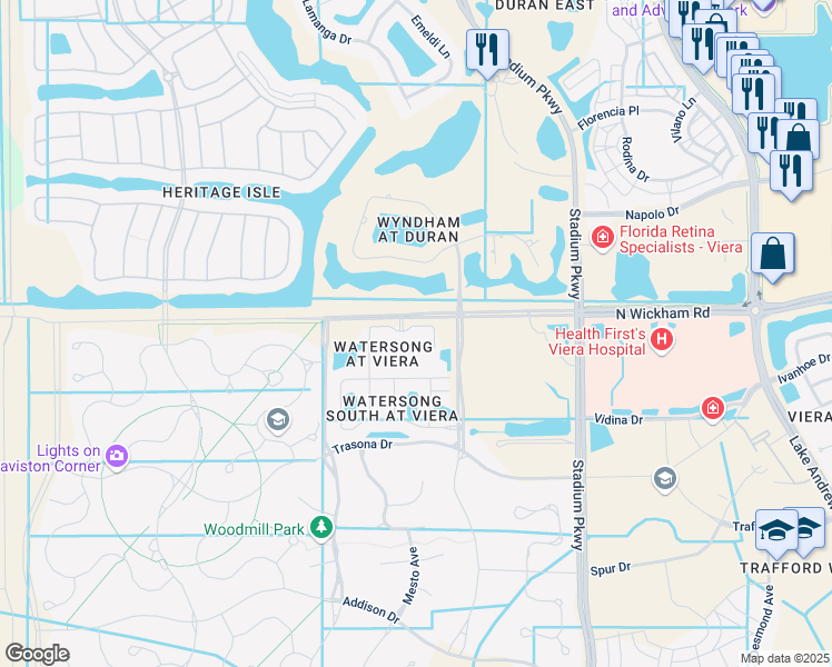 map of restaurants, bars, coffee shops, grocery stores, and more near 7405 North Wickham Road in Melbourne