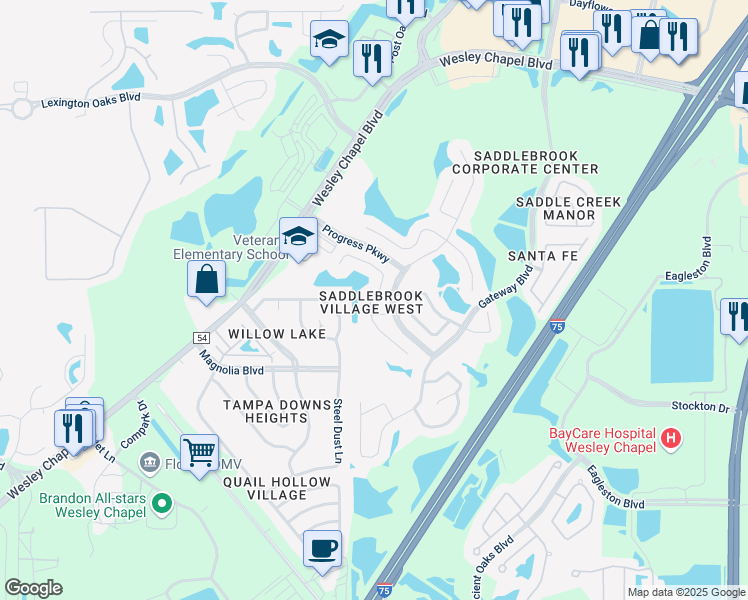 map of restaurants, bars, coffee shops, grocery stores, and more near 4936 Windingbrook Trail in Wesley Chapel