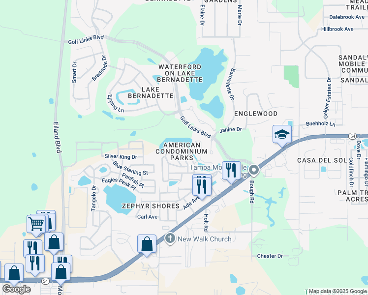 map of restaurants, bars, coffee shops, grocery stores, and more near 35109 Garber Lane in Zephyrhills