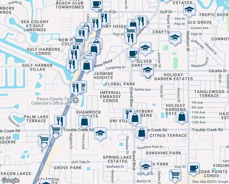 map of restaurants, bars, coffee shops, grocery stores, and more near 5410 Pasadena Drive in New Port Richey
