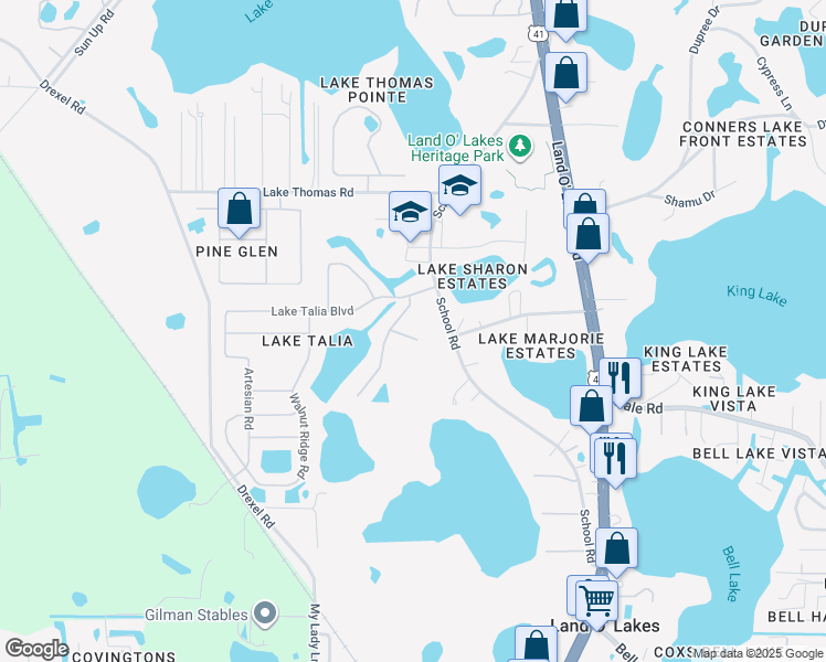 map of restaurants, bars, coffee shops, grocery stores, and more near 21206 Tyrell Way in Land O' Lakes