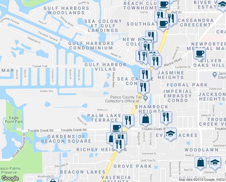 map of restaurants, bars, coffee shops, grocery stores, and more near 4742 Square Rigger Court in New Port Richey