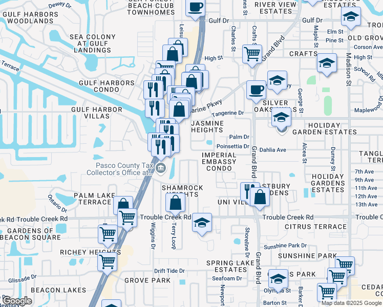 map of restaurants, bars, coffee shops, grocery stores, and more near 4748 Kennedy Drive in New Port Richey