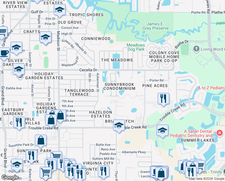 map of restaurants, bars, coffee shops, grocery stores, and more near 6509 Spring Flower Drive in New Port Richey