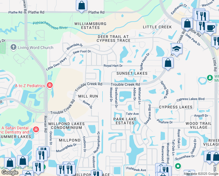 map of restaurants, bars, coffee shops, grocery stores, and more near 4745 Weasel Drive in New Port Richey