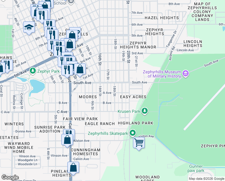 map of restaurants, bars, coffee shops, grocery stores, and more near 4917 18th Street in Zephyrhills