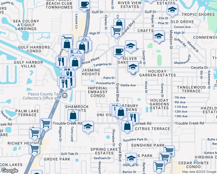 map of restaurants, bars, coffee shops, grocery stores, and more near 5410 Pasadena Drive in New Port Richey