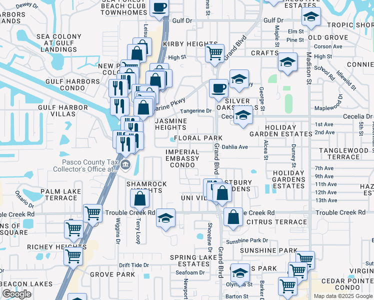 map of restaurants, bars, coffee shops, grocery stores, and more near 4744 Azalea Drive in New Port Richey
