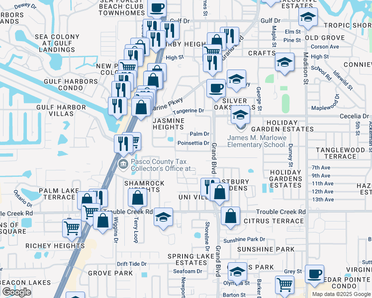 map of restaurants, bars, coffee shops, grocery stores, and more near 5337 Pasadena Drive in New Port Richey