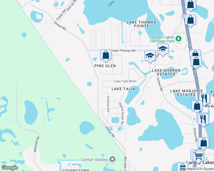 map of restaurants, bars, coffee shops, grocery stores, and more near 20817 Cedar Bluff PIace in Land O' Lakes