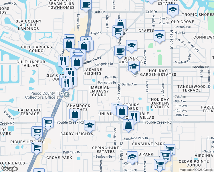 map of restaurants, bars, coffee shops, grocery stores, and more near 5403 Pasadena Drive in Port Richey