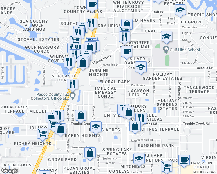 map of restaurants, bars, coffee shops, grocery stores, and more near 5333 Pasadena Drive in New Port Richey