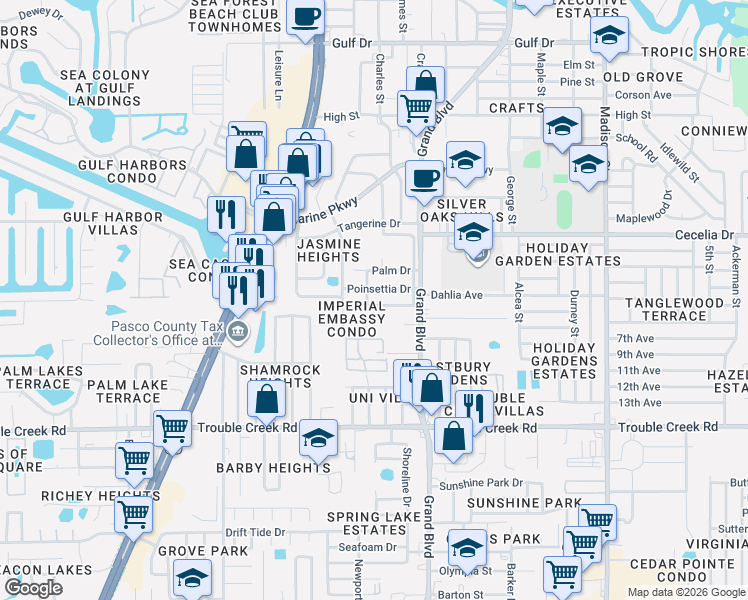 map of restaurants, bars, coffee shops, grocery stores, and more near 5410 Pasadena Drive in New Port Richey