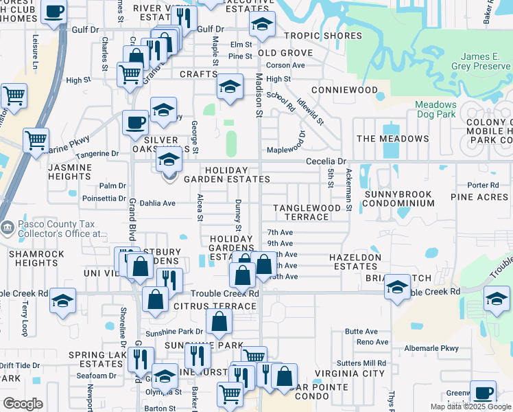 map of restaurants, bars, coffee shops, grocery stores, and more near 4746 Daphne Street in New Port Richey