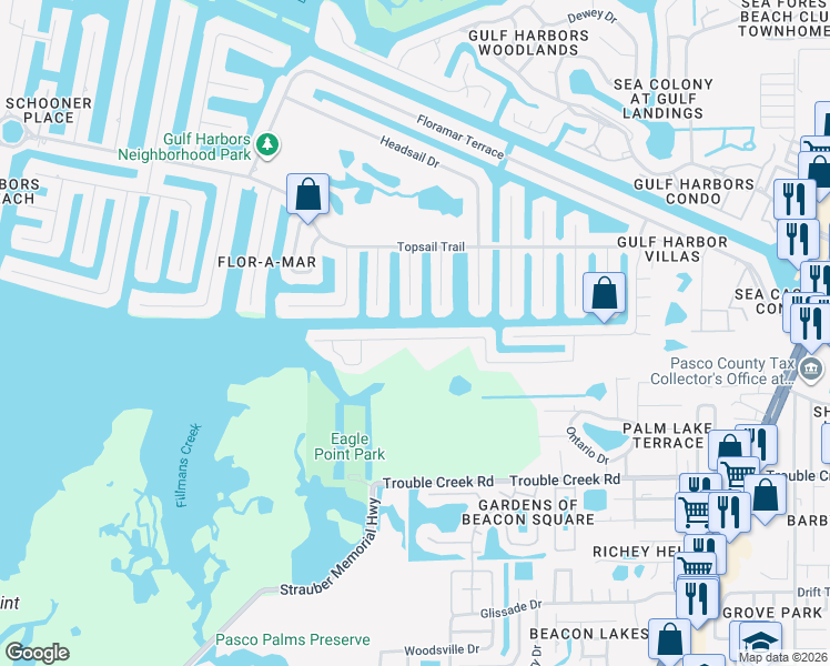 map of restaurants, bars, coffee shops, grocery stores, and more near 4118 Rudder Way in New Port Richey