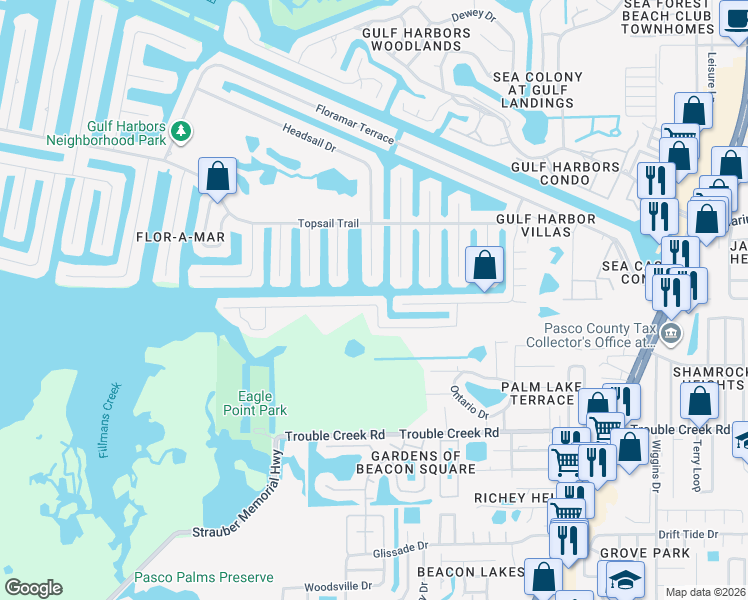 map of restaurants, bars, coffee shops, grocery stores, and more near 4212 Rudder Way in Port Richey