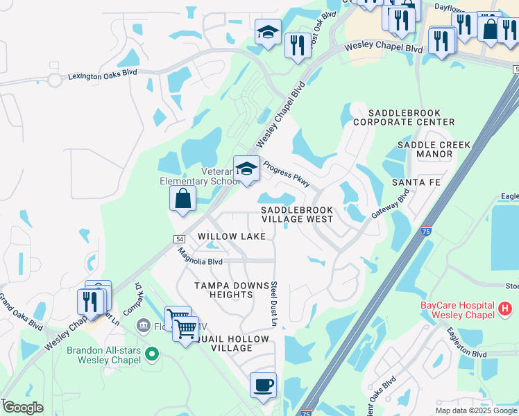 map of restaurants, bars, coffee shops, grocery stores, and more near 27001 Arrowbrook Way in Wesley Chapel