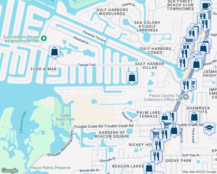 map of restaurants, bars, coffee shops, grocery stores, and more near 4853 Blue Heron Drive in Port Richey